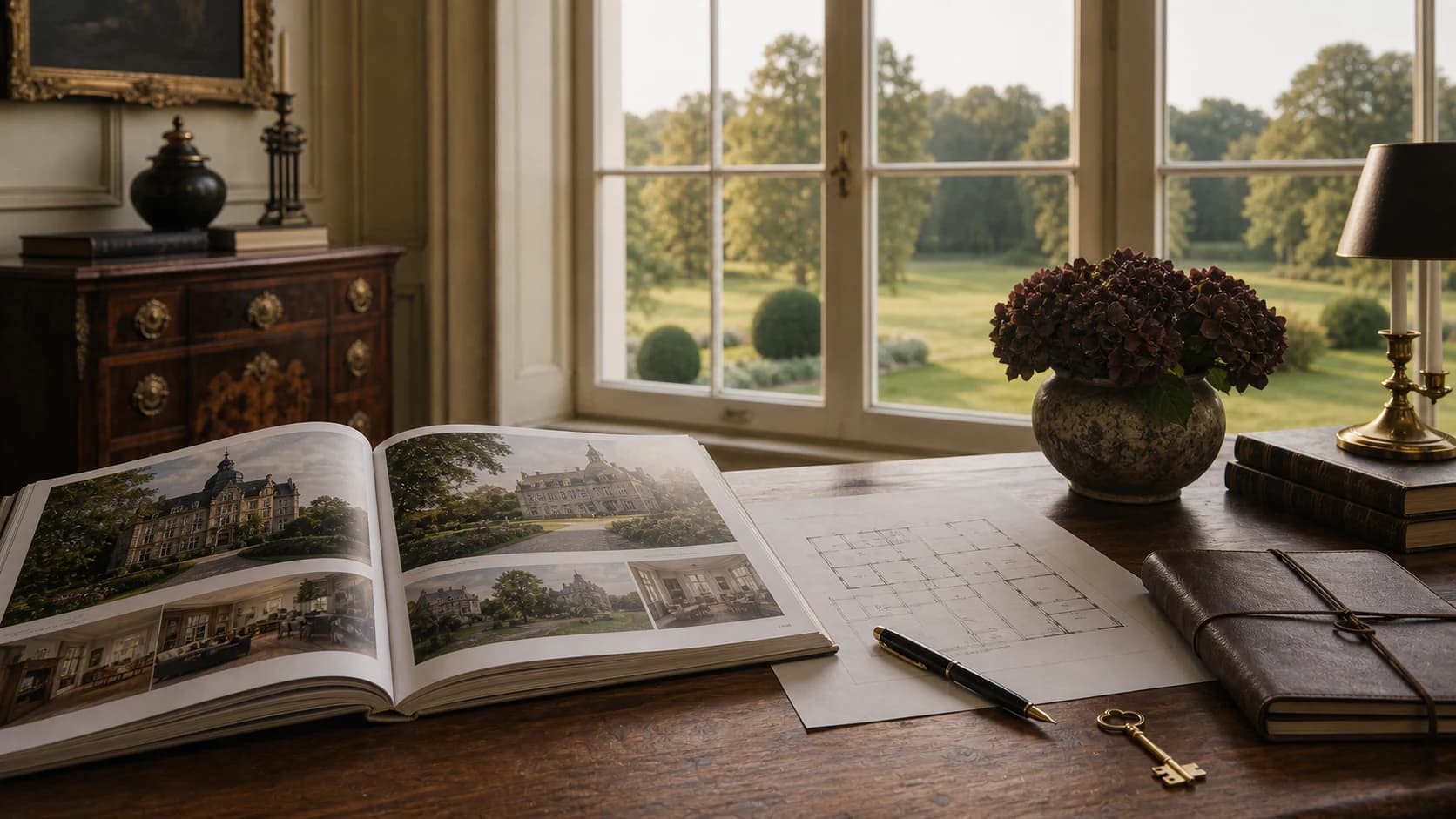 Exposé, Grundriss und Schlüssel in einem historischen Anwesen mit Blick in den Park