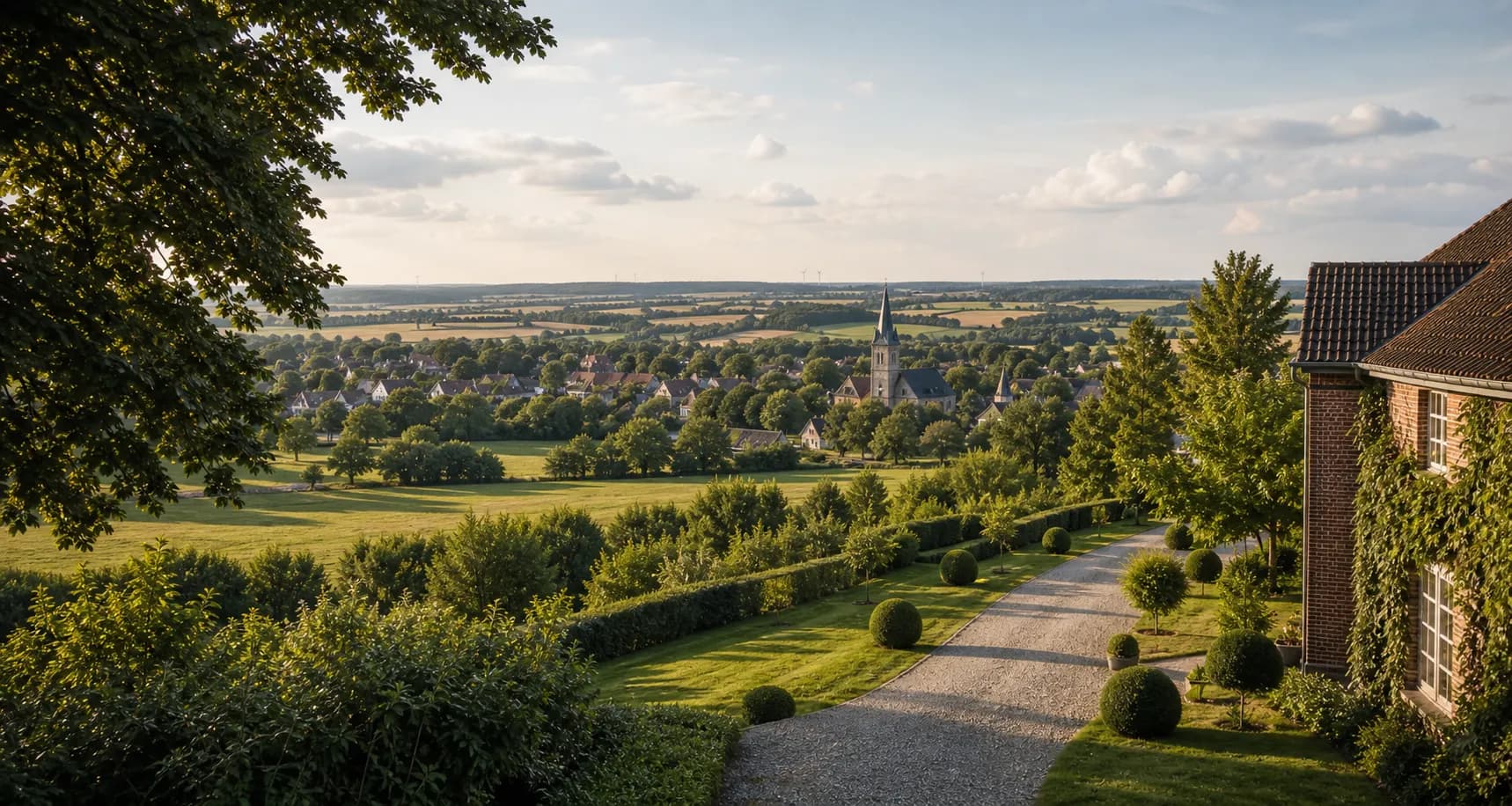 Blick über die Region Ostwestfalen mit Feldern und Höfen