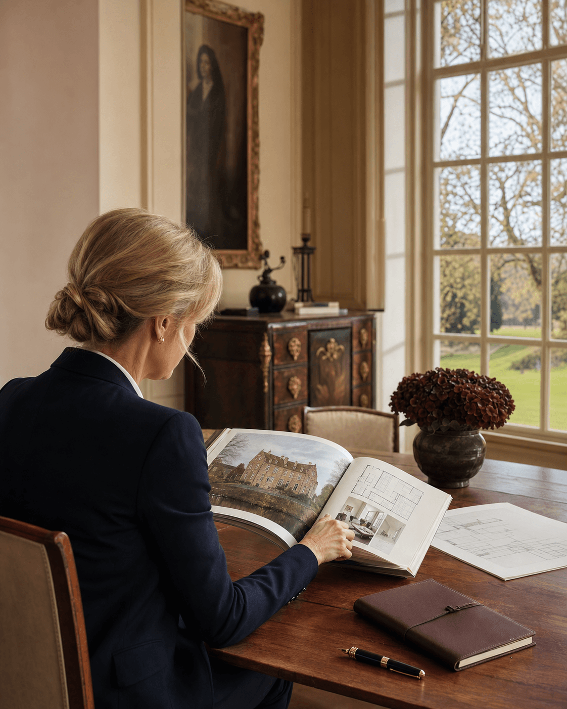 Immobilienmaklerin bereitet ein Exposé in einem historischen Anwesen vor
