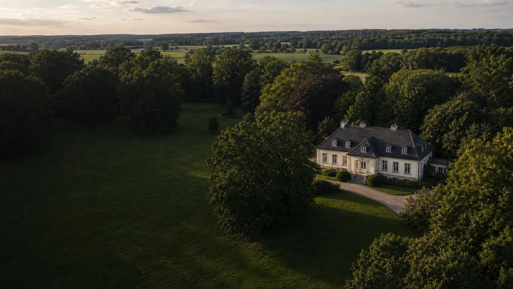 Luftaufnahme einer Villa im Grünen mit altem Baumbestand in Ostwestfalen-Lippe