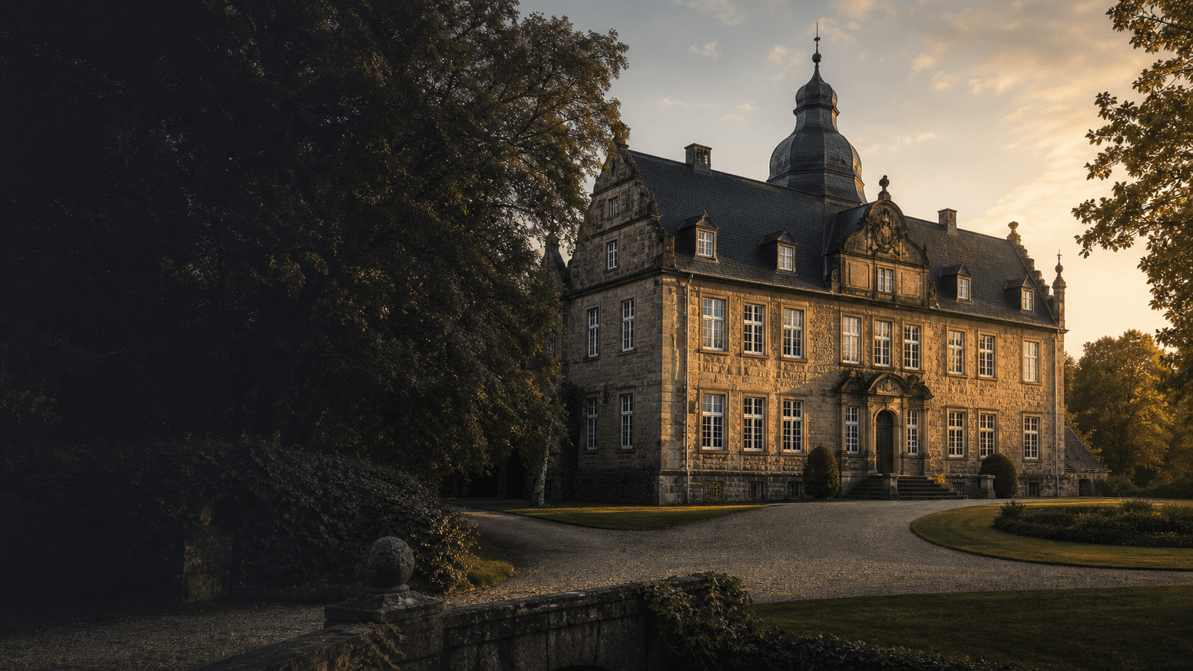 Historisches Herrenhaus mit Parkanlage bei goldenem Abendlicht