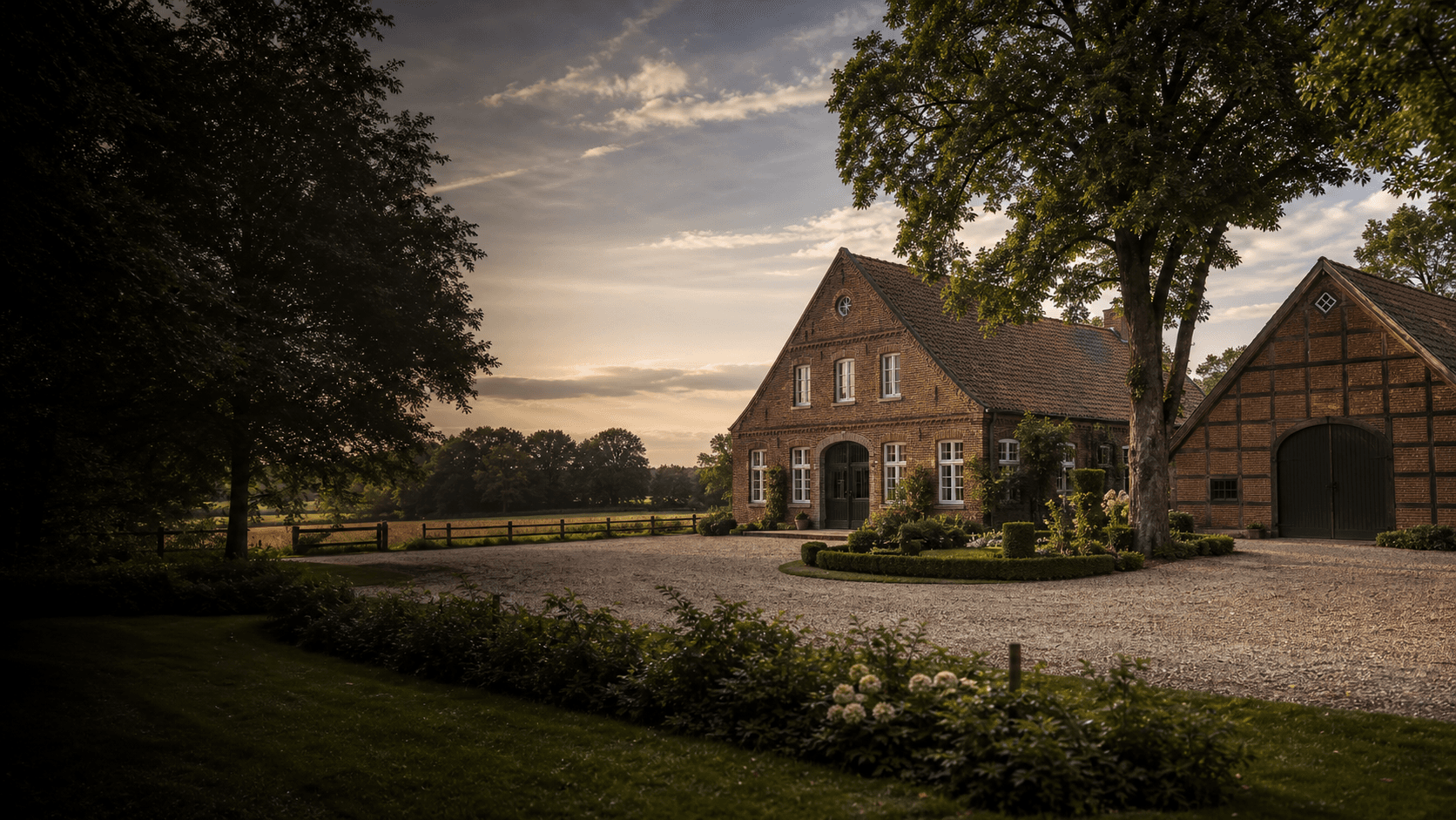 Westfälischer Resthof mit Scheune und weitem Hof bei Abendlicht