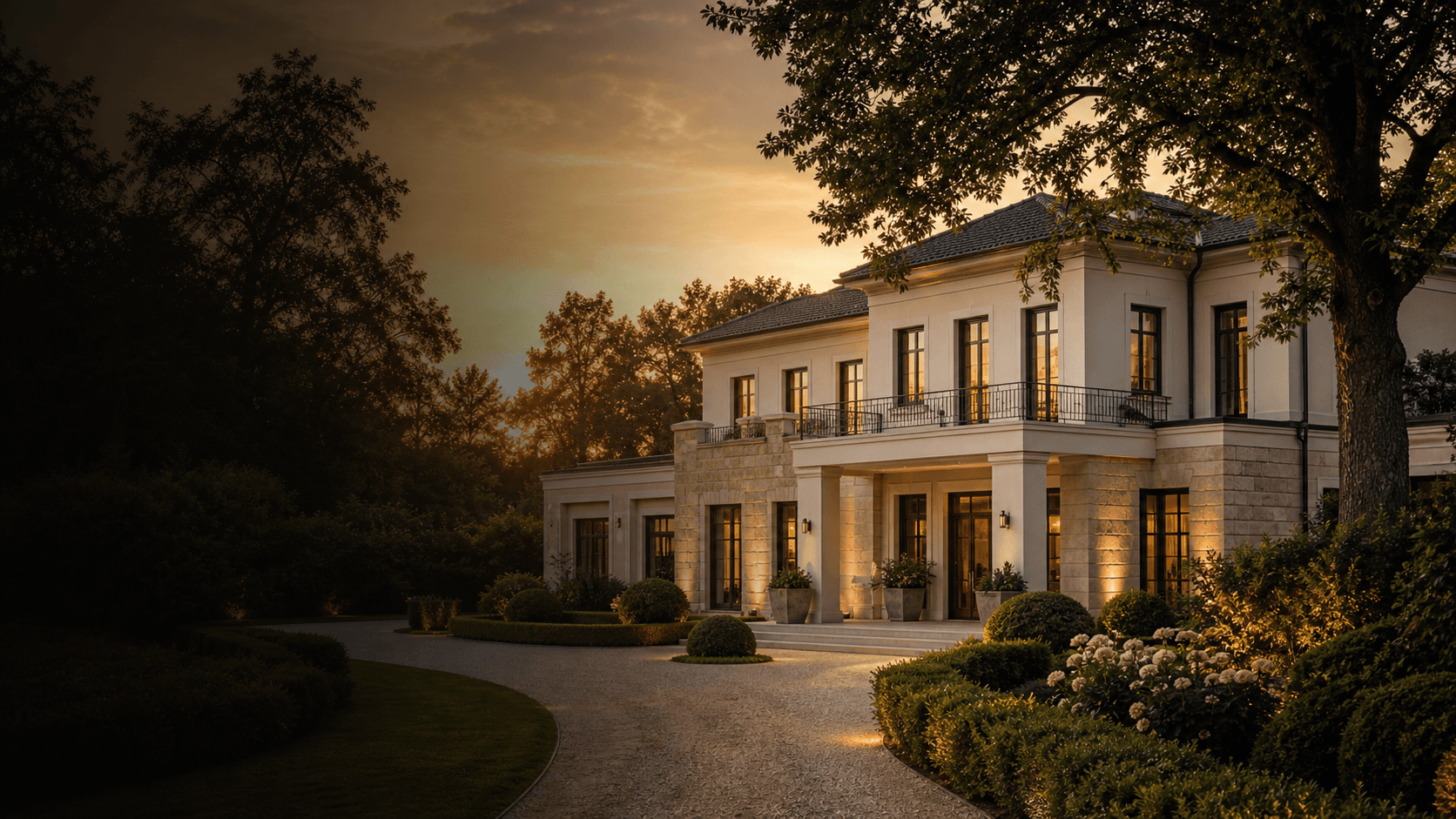 Exklusive Villa mit gepflegtem Garten bei warmem Abendlicht